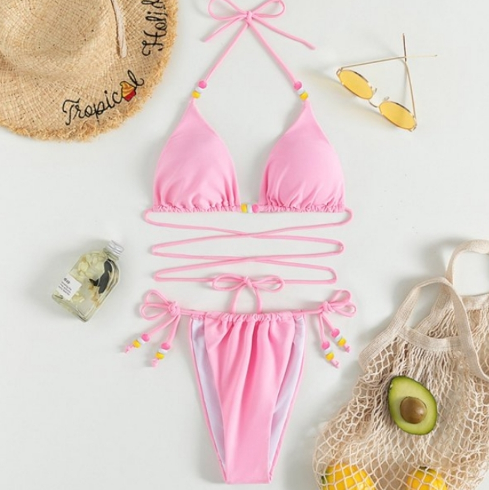 Pink Swimsuit bikini Sexy pink beaded Temperament Beachwear Split Swim